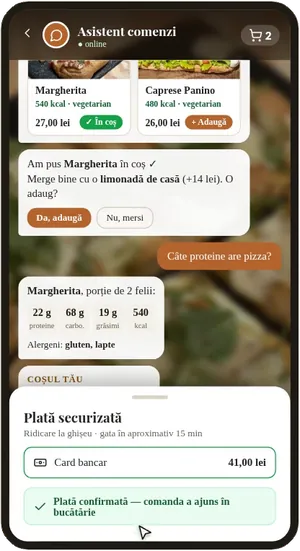 Chatul de comandă Sitequilt pe telefon: asistentul recomandă produse, răspunde la o întrebare despre valorile nutriționale și confirmă plata.